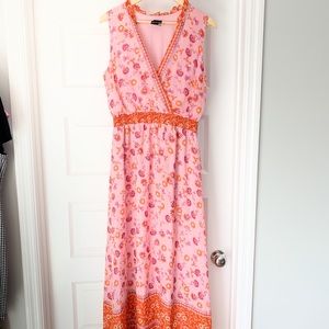 Pink and Orange Sleeveless V Neck Maxi Summer Dress size 14